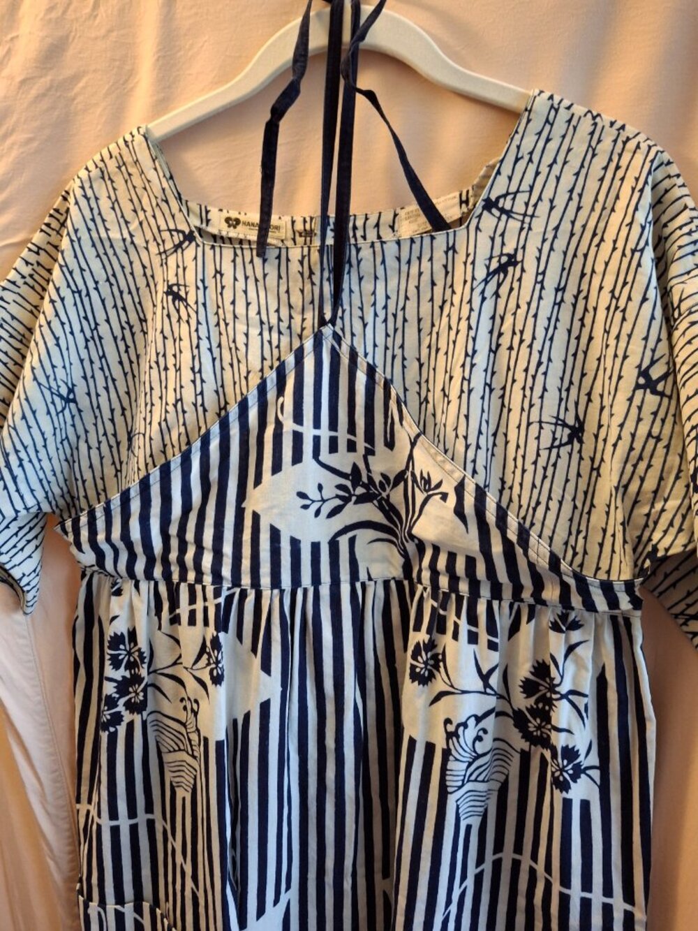 Vintage Hanae Mori Navy, White 100% Cotton Small -Stripe bird flower wave